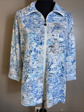 Palm Harbour Zip-Front Coastal Jacket Abstract Ocean Theme Sea Shells 3/4 Sleeve